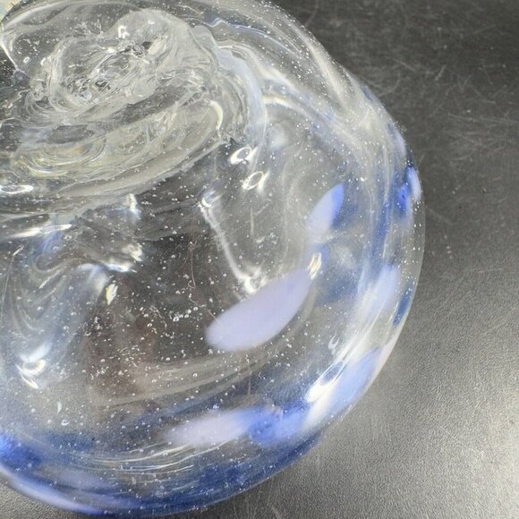 Vintage Hand Blown Art Glass Dish Bowl Clear With Blue Spots Hand Made Glass VTG - Picture 7 of 16